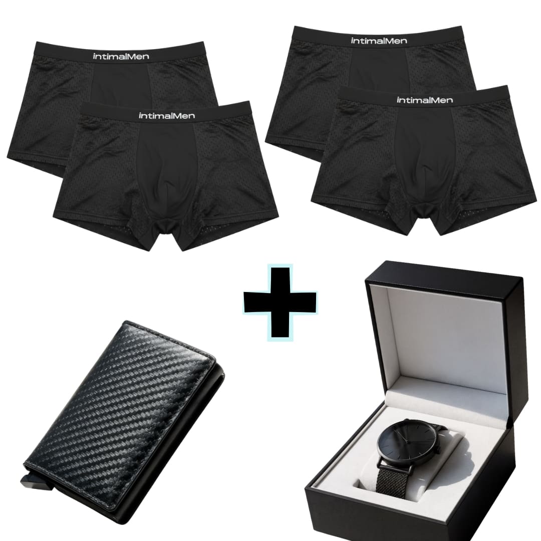 4ER-PACK BOXERSHORTS AUS BAMBUSFASER + SLIM-GELDBÖRSE + ALL-BLACK-UHR